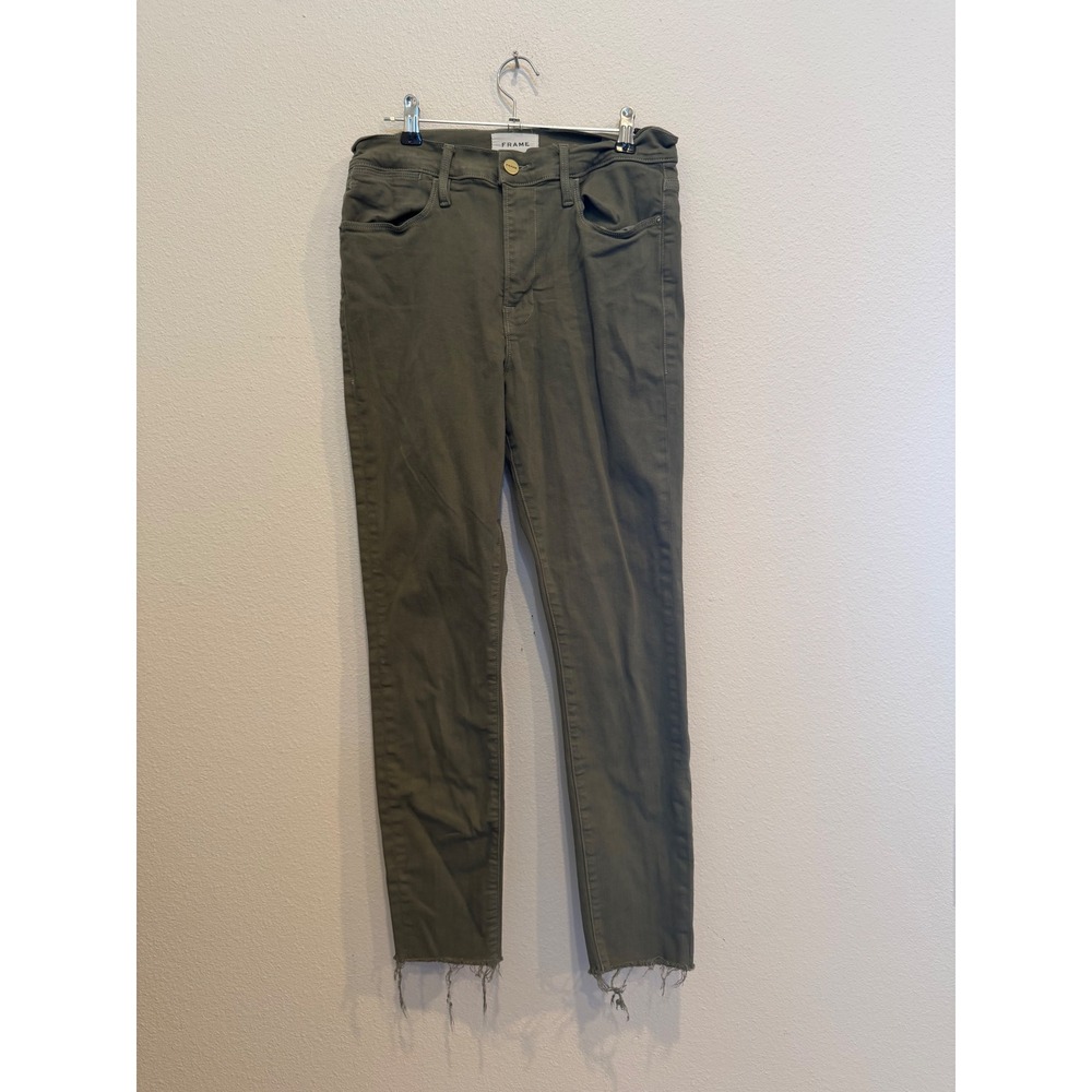 FRAME Le High Skinny Crop Jeans Olive Green Raw Hem High Rise Size 30